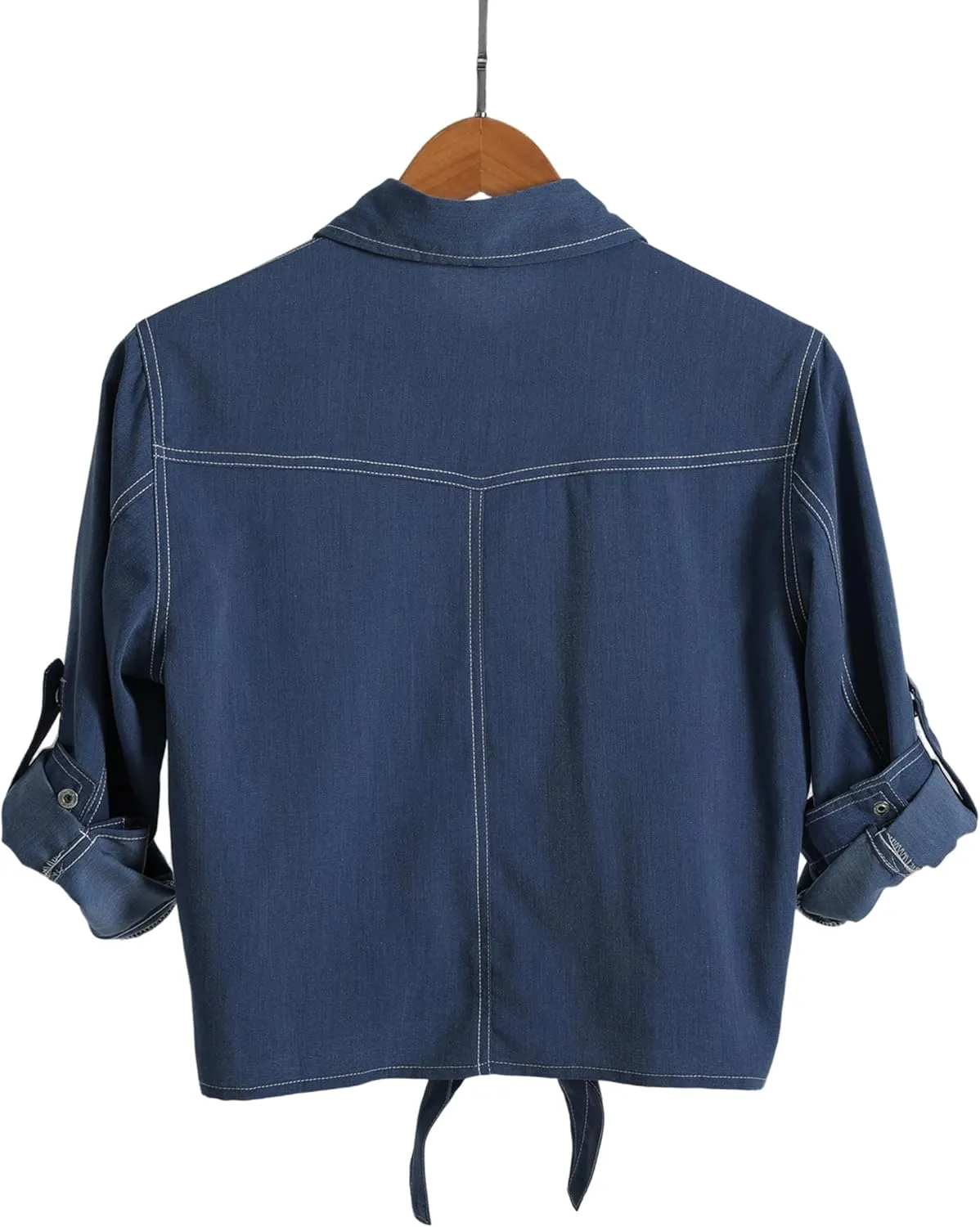 AMEBELLE Women's Roll Up 3/4 Sleeve Tie Front Knot Shirt Chambray Denim Crop Top