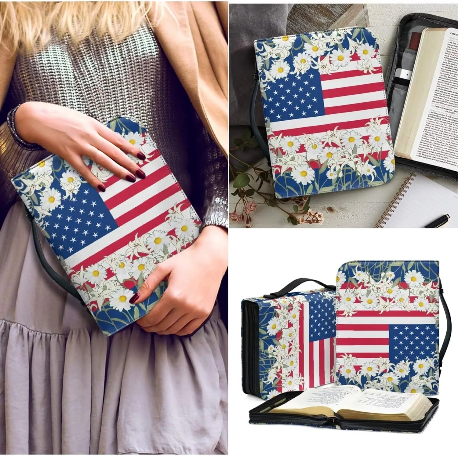 American Flag Bible Covers for Women Bible Carrying Case with Bookmark ZipperedChurch Bag Bible Protective
