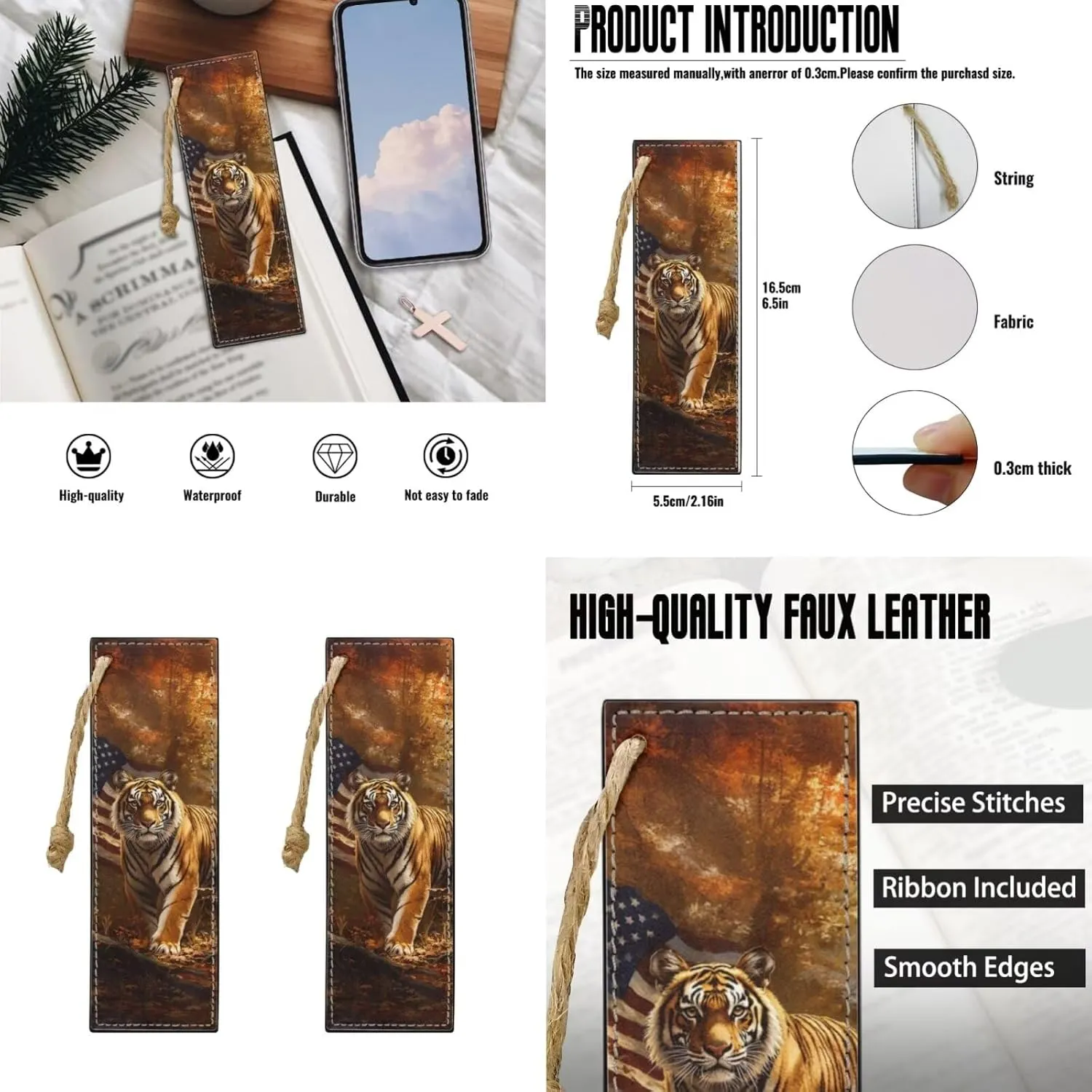 American Flag Tiger Print Bible Case Bible Bag 3 Piece Bible Carrying Case for Women Leather Bookmark Stylish Large Bible Covers