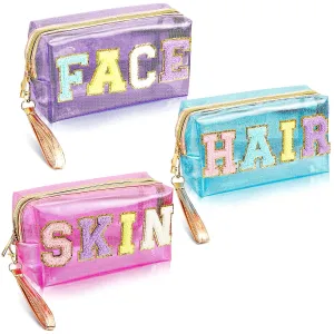 Amylove 3 Pcs Summer Preppy Makeup Bag Stuff Clear Cosmetic Preppy Bags Portable Cosmetic Summer Accessories for Teen Girls Women Gift Travel(Skin, Face, Hair)