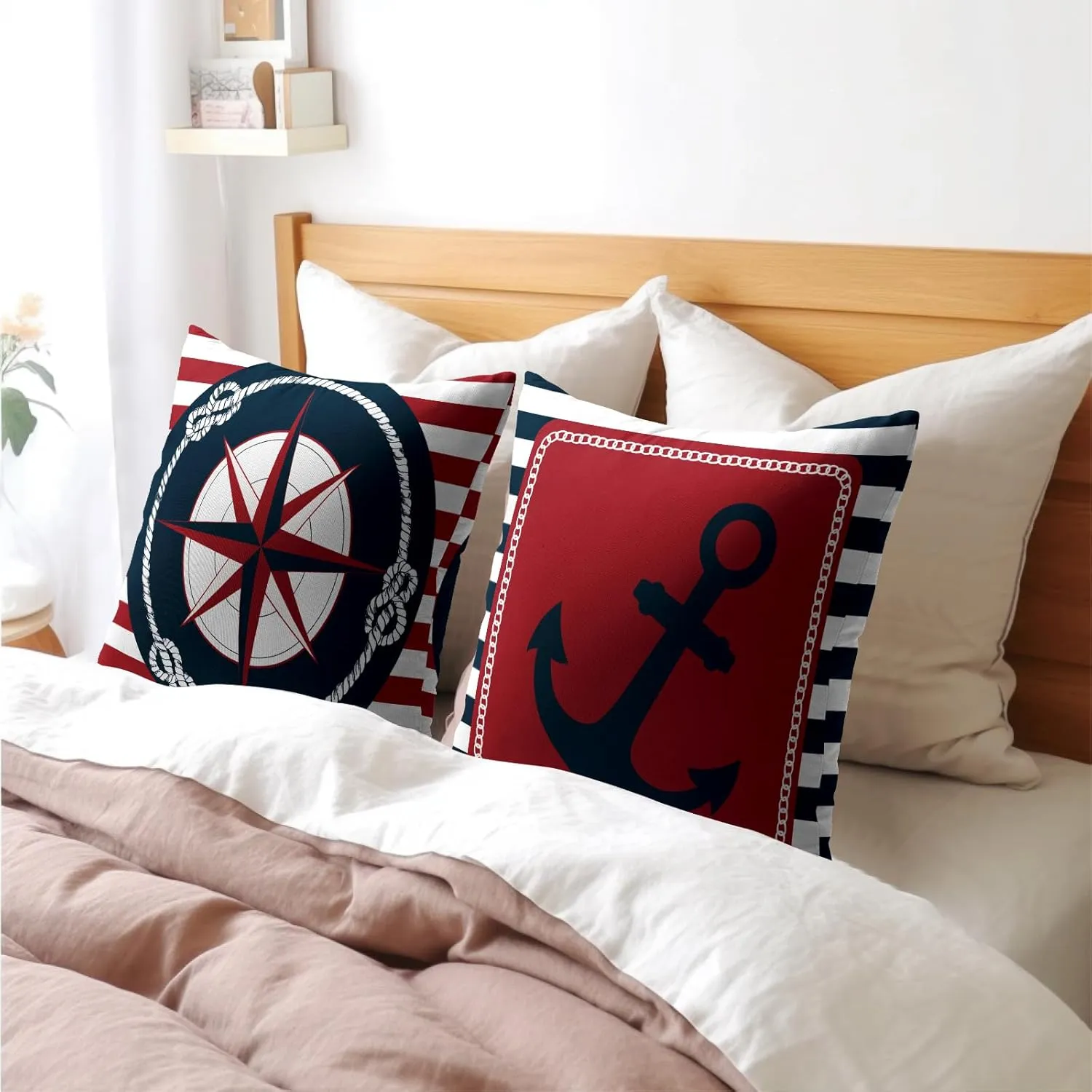Anchor Compass Throw Pillow Cases Outdoor Nautical Pillow Covers Blue and White Stripes Decorative Cushion Cover 18x18 Inch Red and White Cotton Linen Pillowcases for Beach Coast Home Bedroom