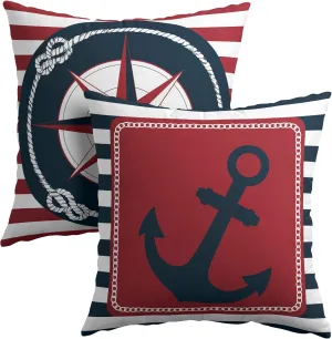 Anchor Compass Throw Pillow Cases Outdoor Nautical Pillow Covers Blue and White Stripes Decorative Cushion Cover 18x18 Inch Red and White Cotton Linen Pillowcases for Beach Coast Home Bedroom