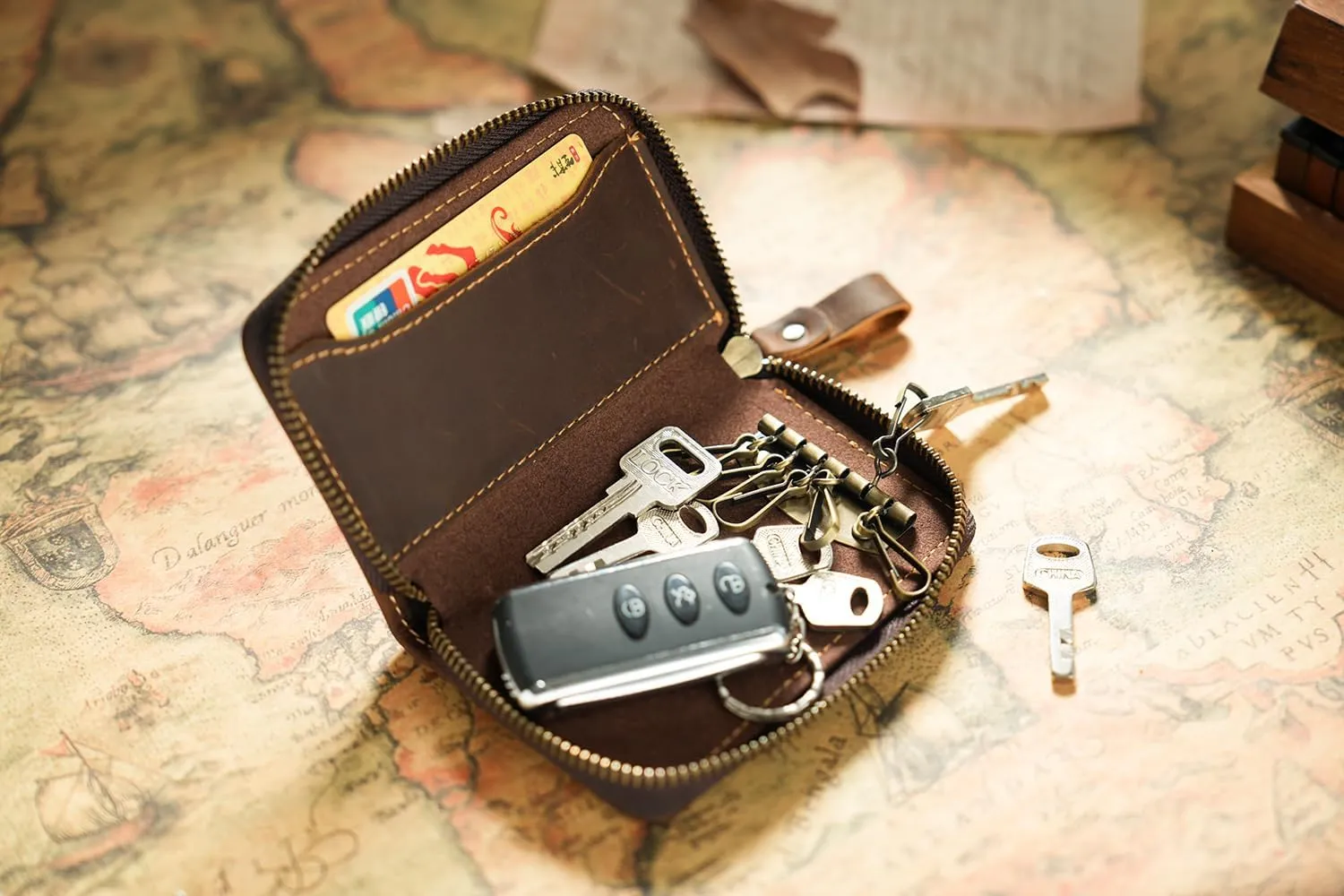 Ancicraft Key Case Leather Keychains Card Holder Bag Wallet Car Key Zippered for Men Women (Coffee)