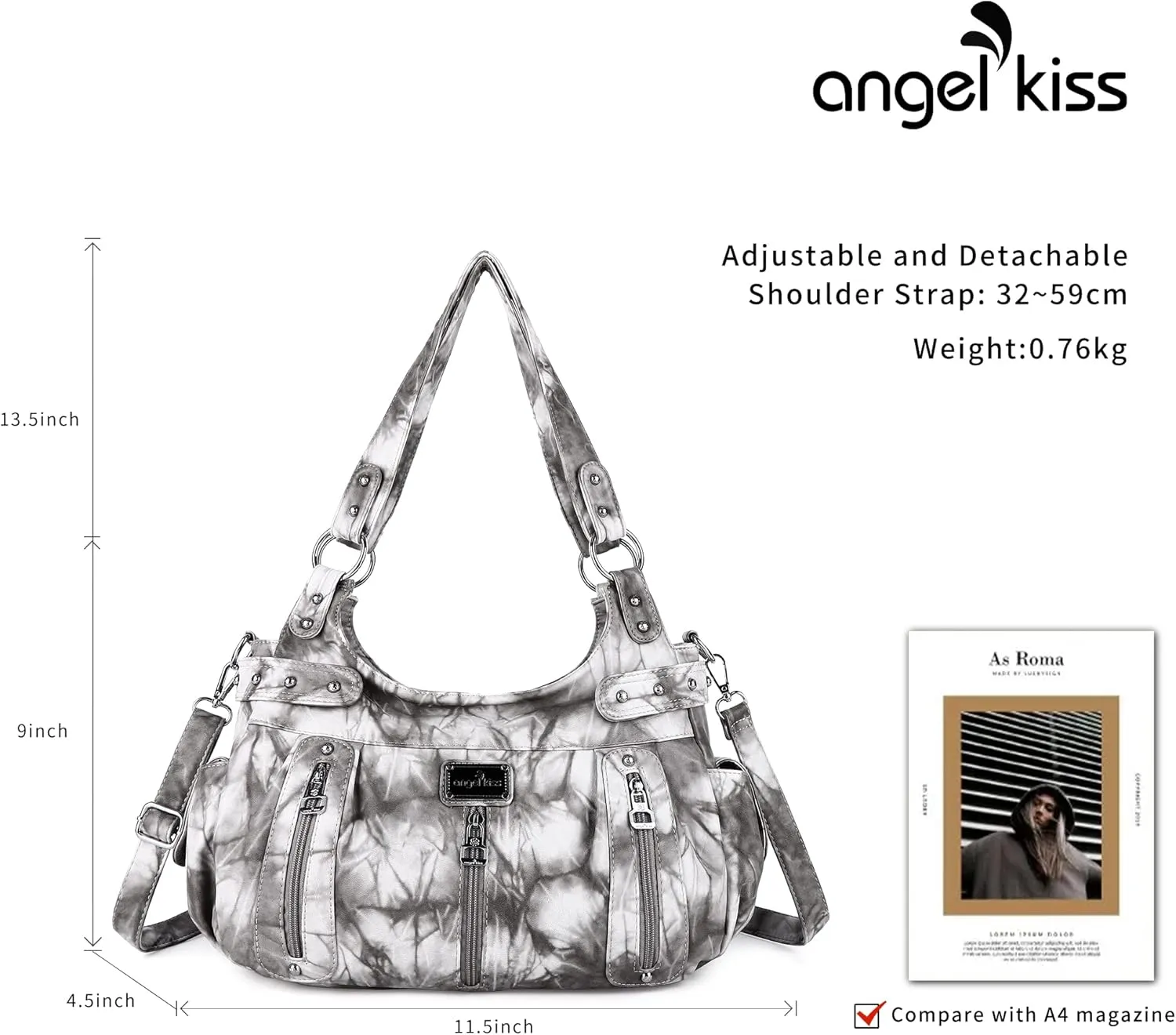 Angelkiss Large Purses and Handbags for Women Washed Faux Leather Crossbody Hobo Satchel Shoulder Handbag Tote Purse
