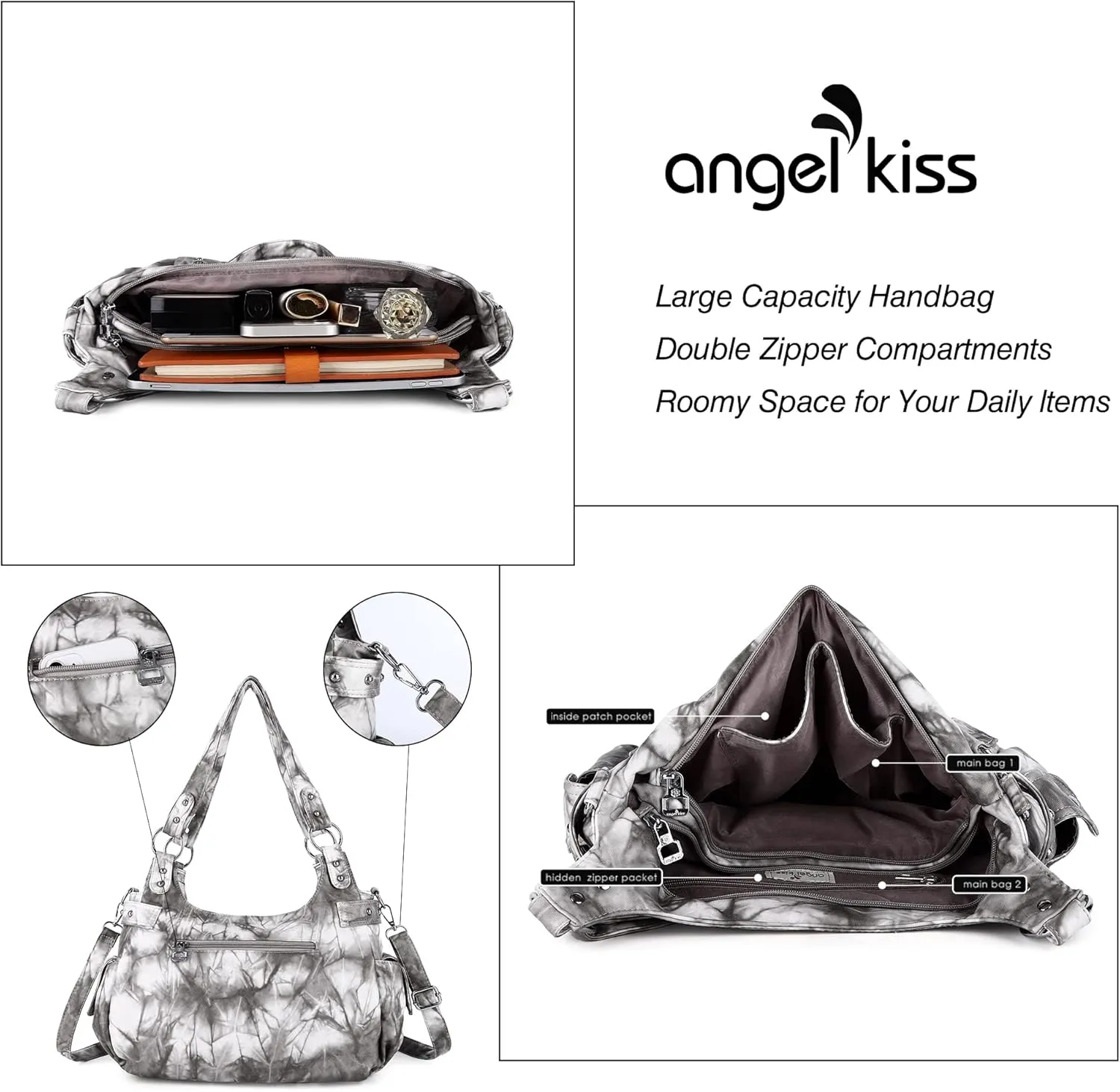 Angelkiss Large Purses and Handbags for Women Washed Faux Leather Crossbody Hobo Satchel Shoulder Handbag Tote Purse