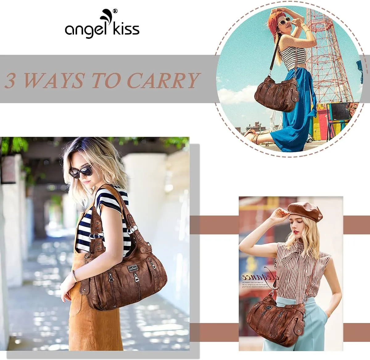Angelkiss Large Purses and Handbags for Women Washed Faux Leather Crossbody Hobo Satchel Shoulder Handbag Tote Purse