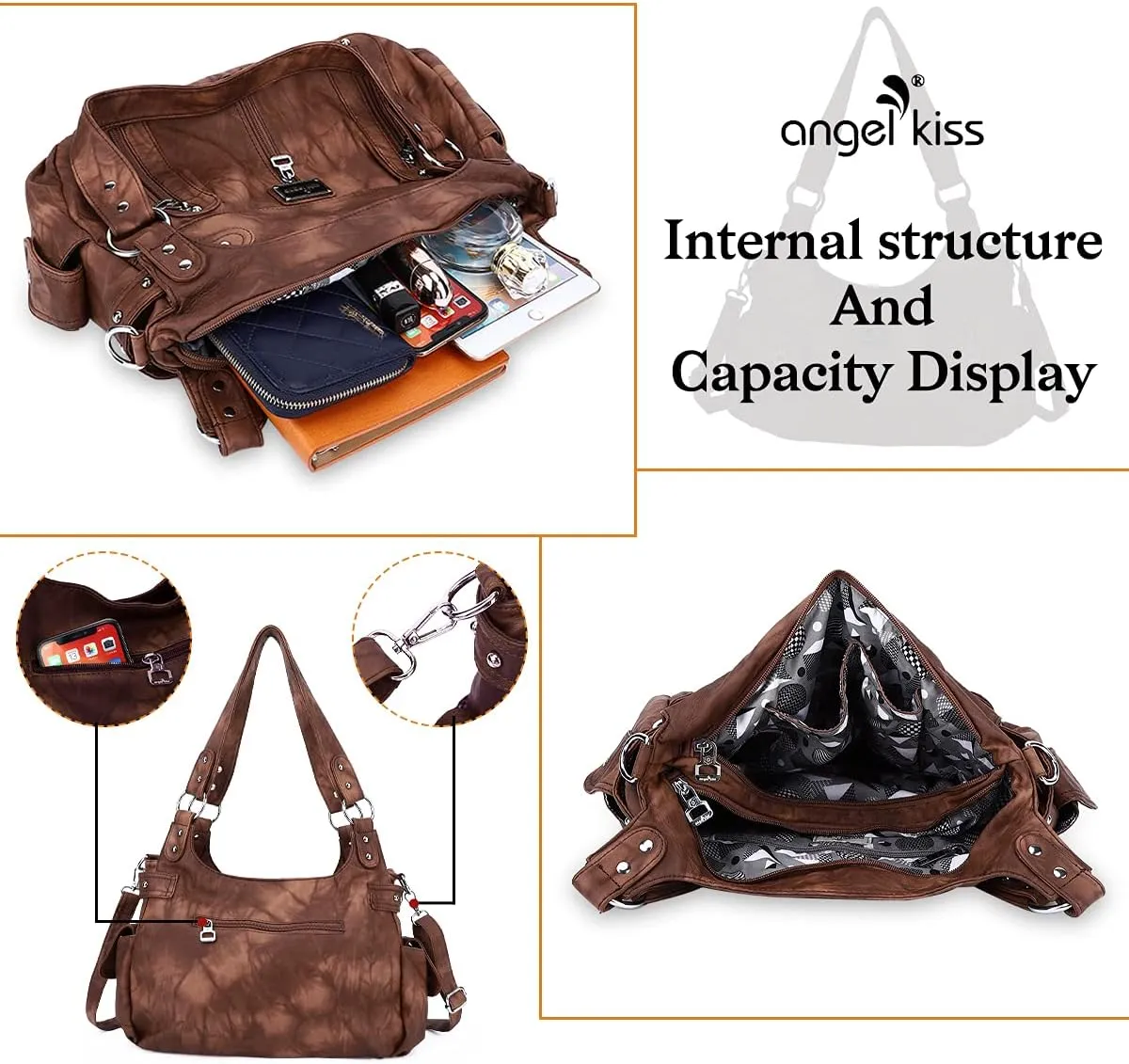 Angelkiss Large Purses and Handbags for Women Washed Faux Leather Crossbody Hobo Satchel Shoulder Handbag Tote Purse