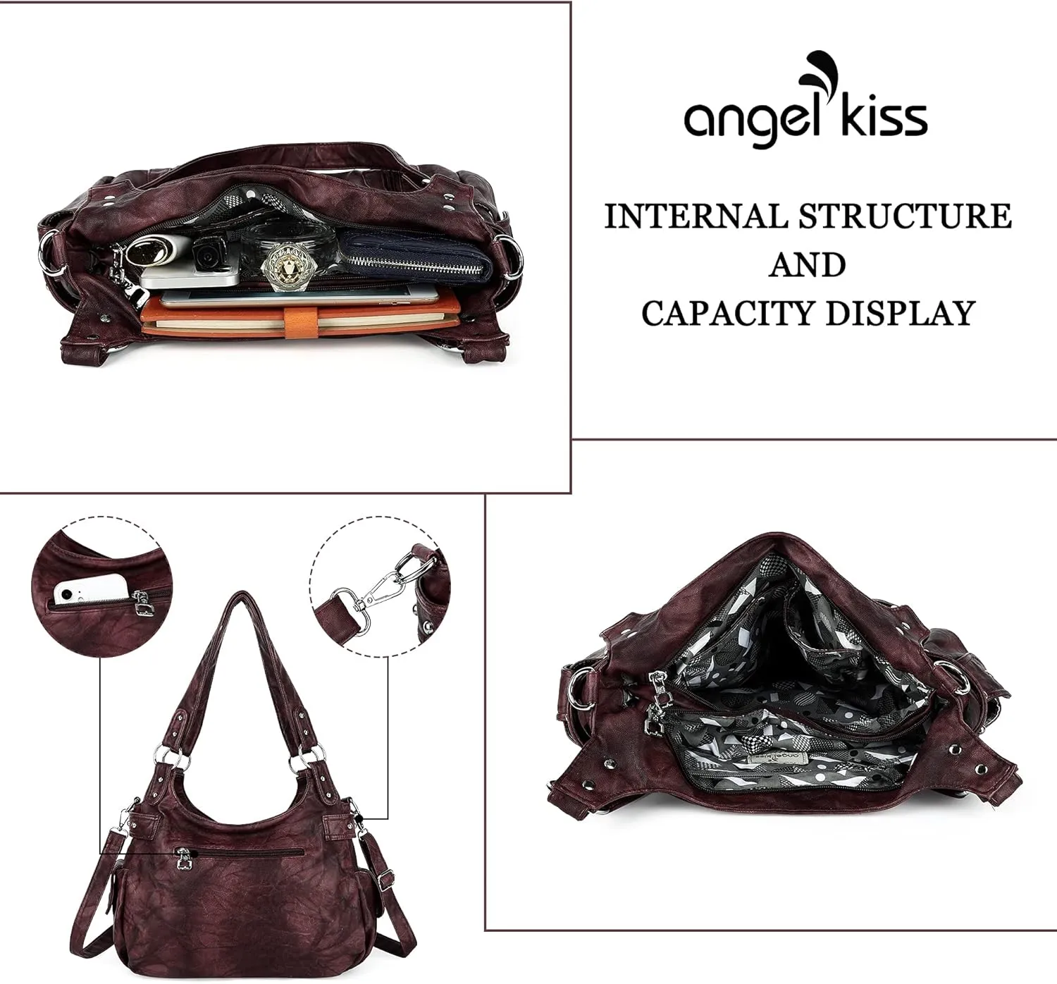 Angelkiss Large Purses and Handbags for Women Washed Faux Leather Crossbody Hobo Satchel Shoulder Handbag Tote Purse