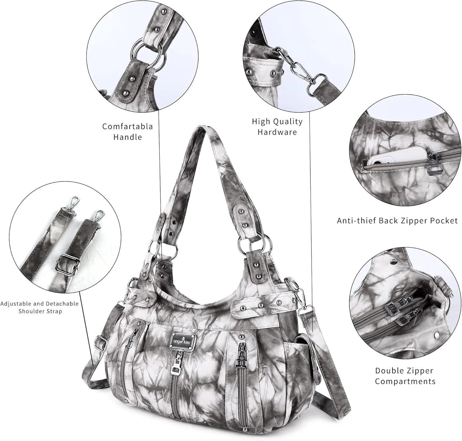 Angelkiss Large Purses and Handbags for Women Washed Faux Leather Crossbody Hobo Satchel Shoulder Handbag Tote Purse