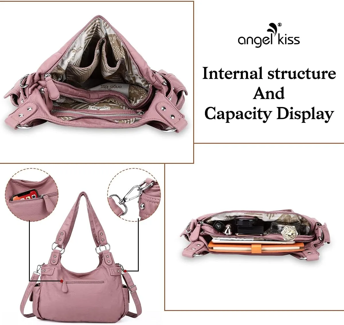 Angelkiss Large Purses and Handbags for Women Washed Faux Leather Crossbody Hobo Satchel Shoulder Handbag Tote Purse