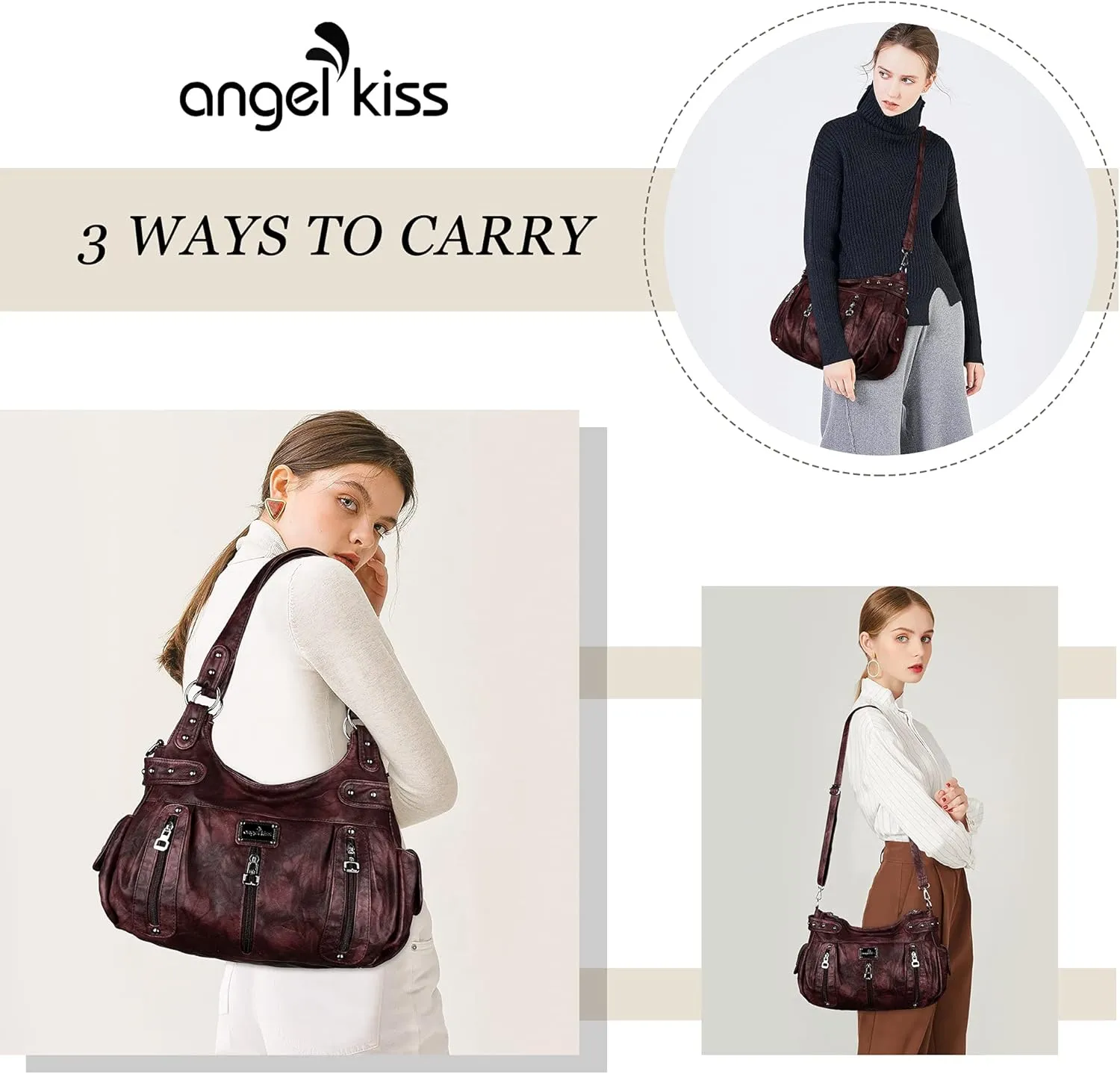 Angelkiss Large Purses and Handbags for Women Washed Faux Leather Crossbody Hobo Satchel Shoulder Handbag Tote Purse