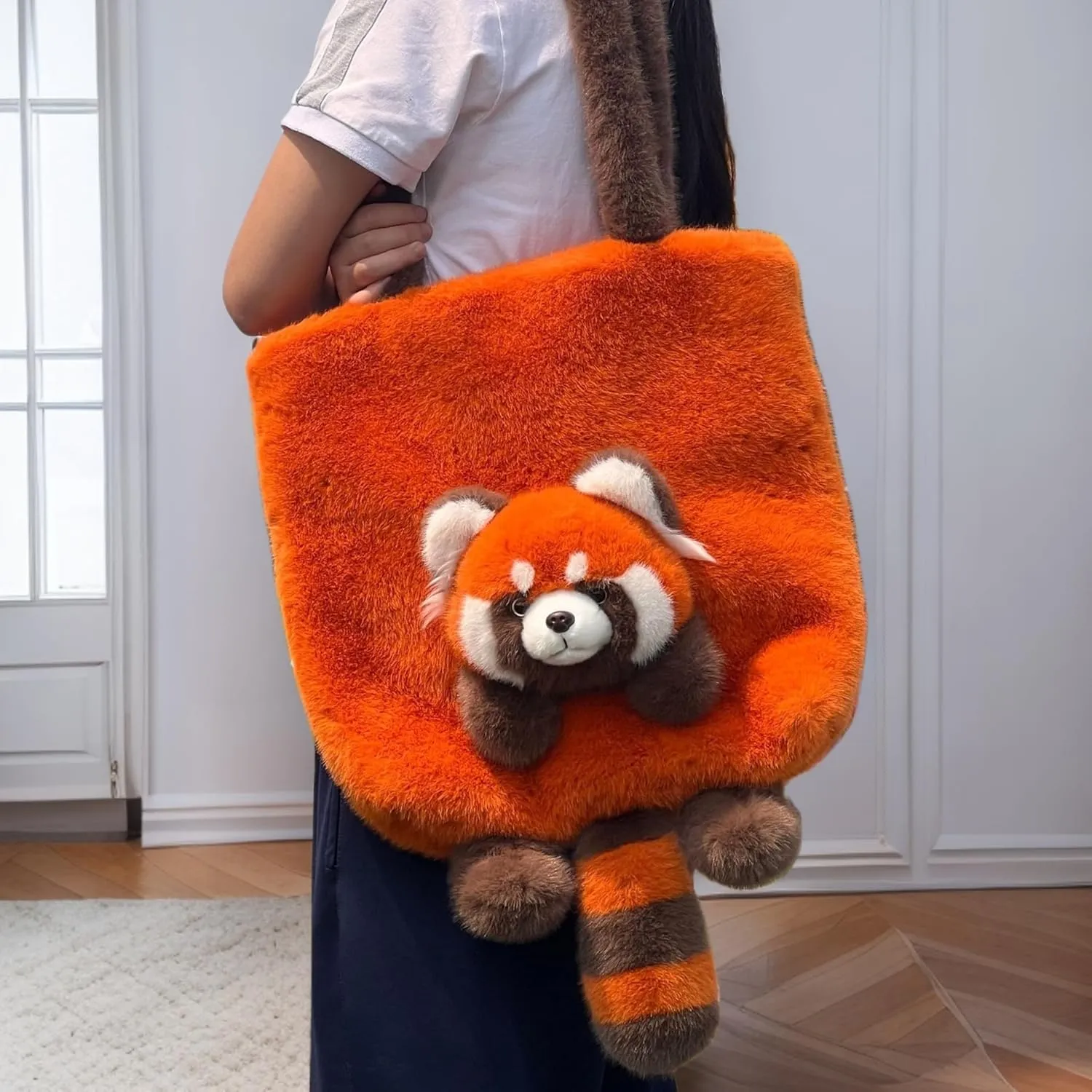 Animal Plush Shoulder Bag Large Capacity Cute Panda Furry Slouchy Tote