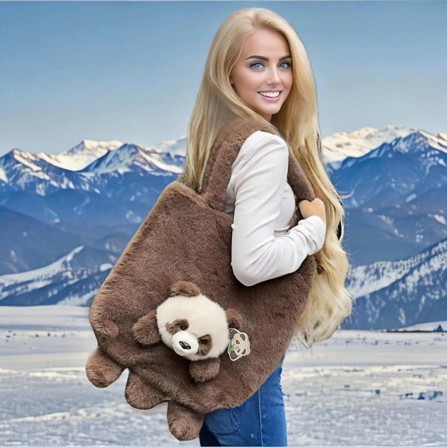 Animal Plush Shoulder Bag Large Capacity Cute Panda Furry Slouchy Tote