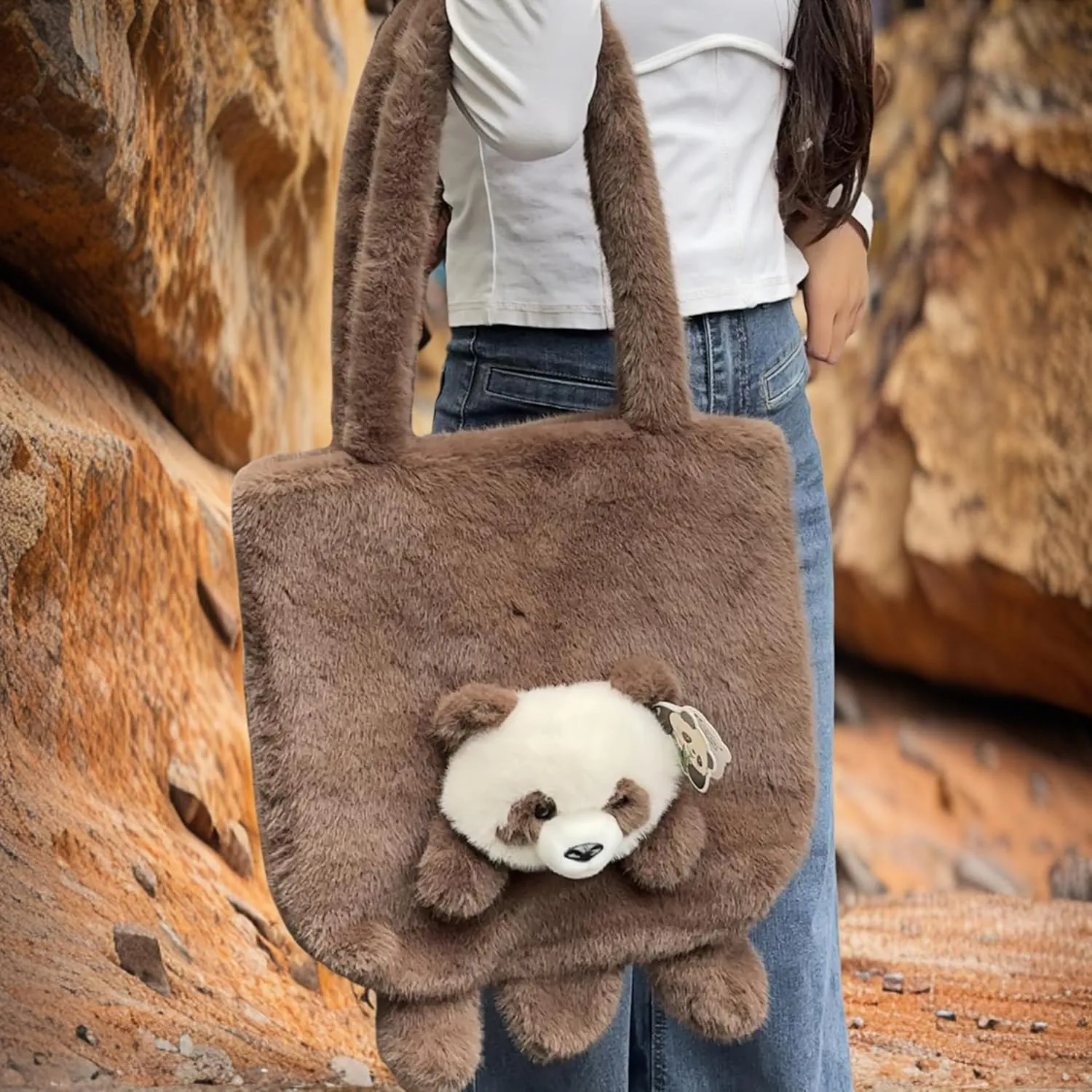 Animal Plush Shoulder Bag Large Capacity Cute Panda Furry Slouchy Tote