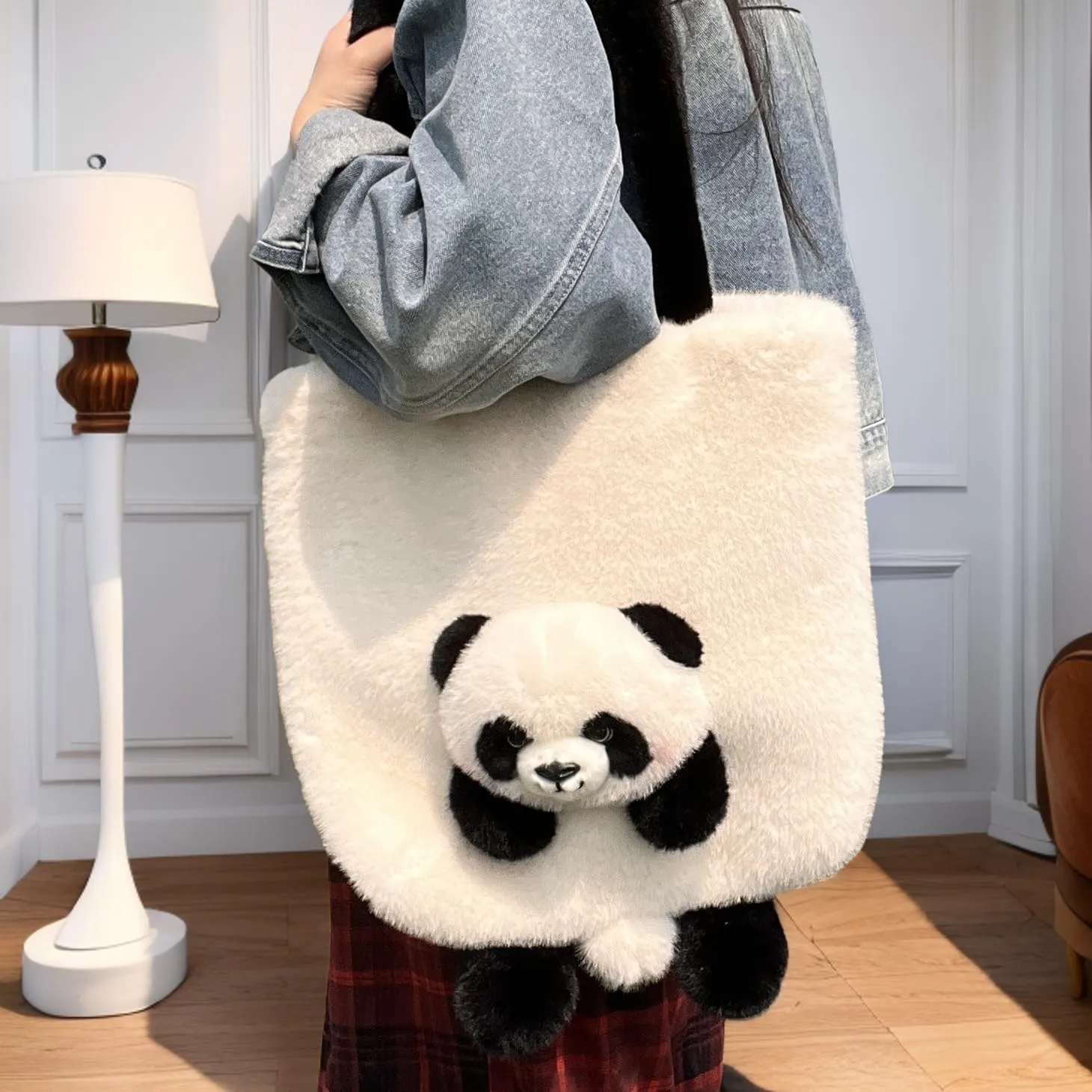 Animal Plush Shoulder Bag Large Capacity Cute Panda Furry Slouchy Tote