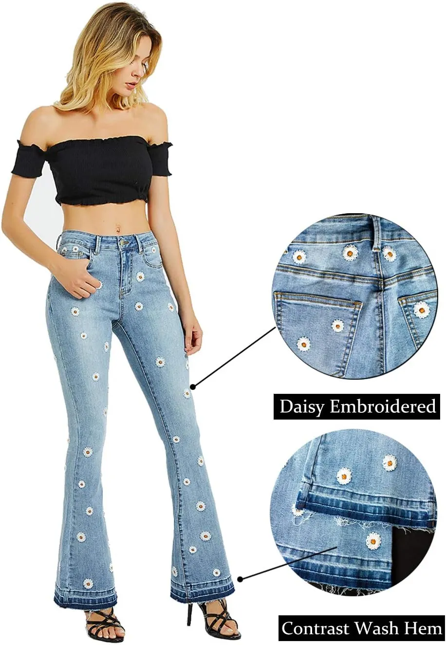 Anna-Kaci Womens Floral Daisy Embroidered Mid Rise Bell Bottom Flare Frayed Hem Jeans