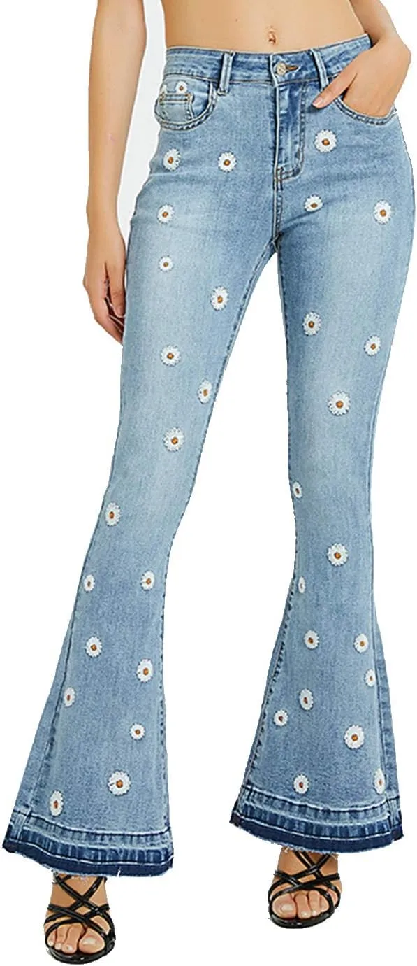 Anna-Kaci Womens Floral Daisy Embroidered Mid Rise Bell Bottom Flare Frayed Hem Jeans