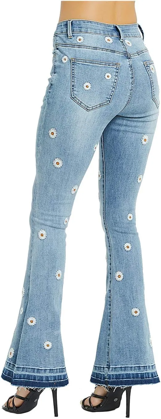 Anna-Kaci Womens Floral Daisy Embroidered Mid Rise Bell Bottom Flare Frayed Hem Jeans