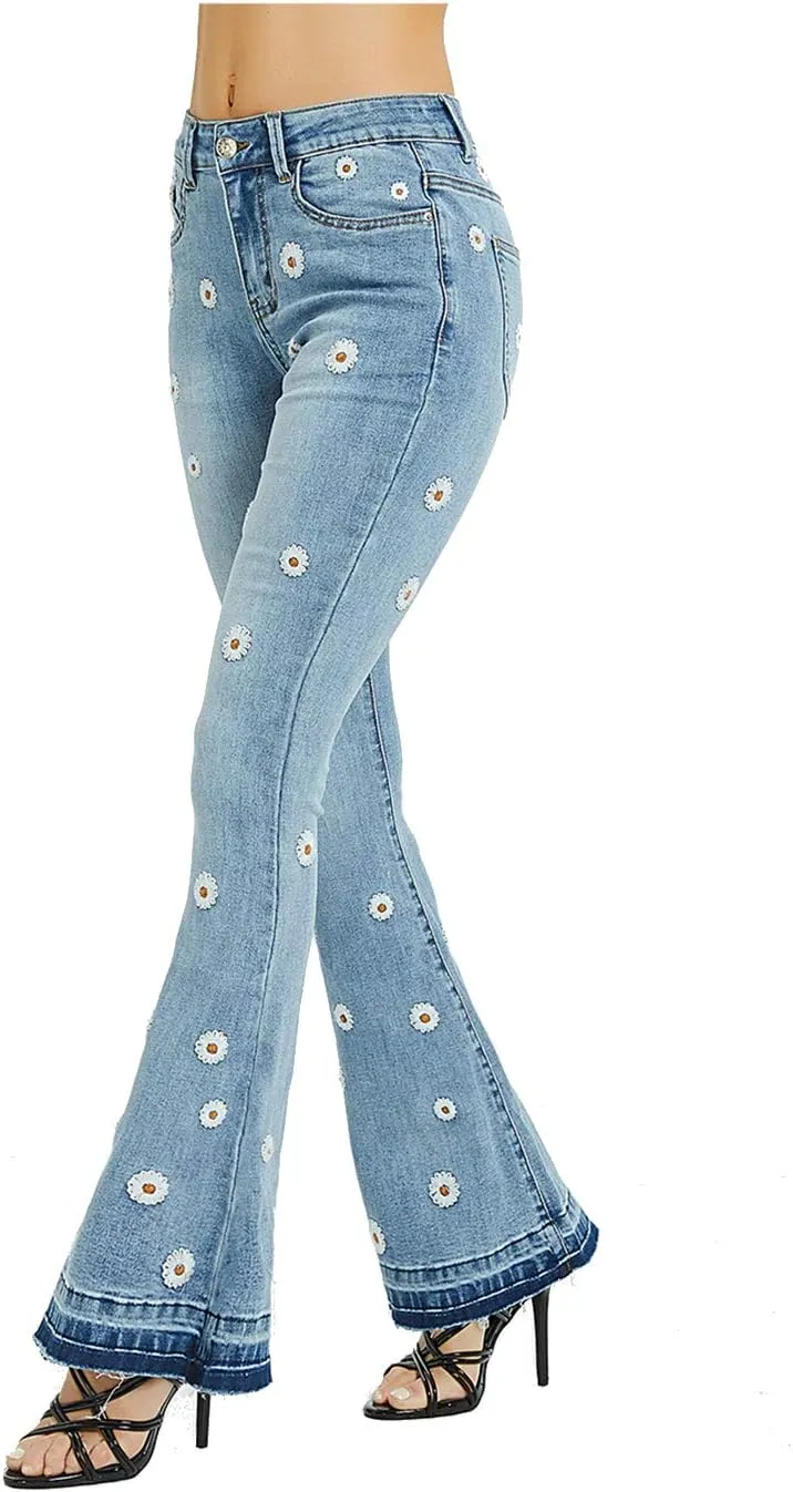 Anna-Kaci Womens Floral Daisy Embroidered Mid Rise Bell Bottom Flare Frayed Hem Jeans