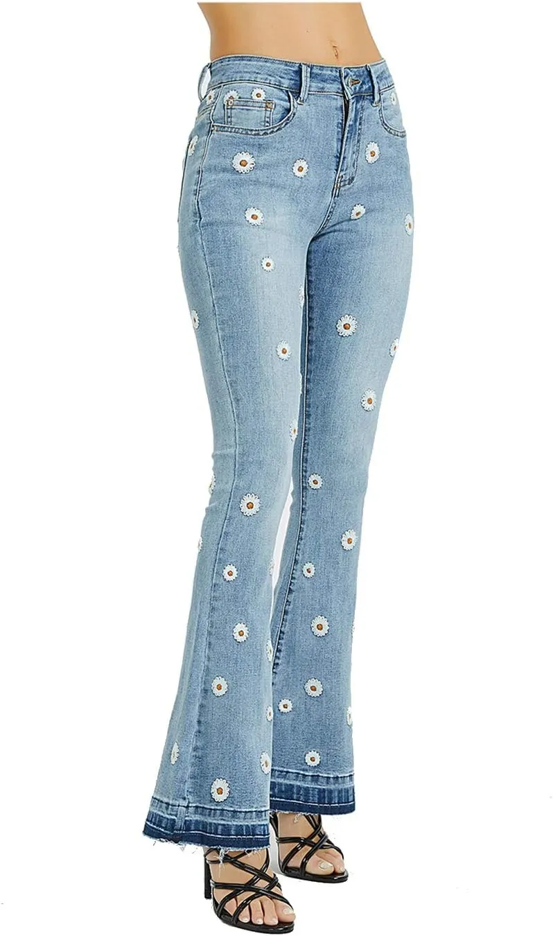 Anna-Kaci Womens Floral Daisy Embroidered Mid Rise Bell Bottom Flare Frayed Hem Jeans
