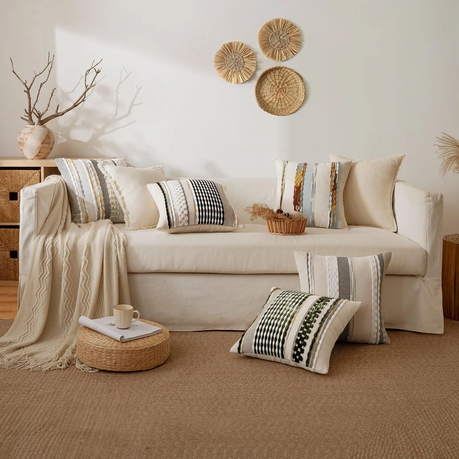 ANRODUO Pack of 2 Boho Decorative Throw Pillow Covers 18x18 Farmhouse Cushion Case Striped Chenille Pillow Cases Square Pillow Covers Accent Neutral Pillowcase for Sofa Couch Bed, Light Blue Stripe