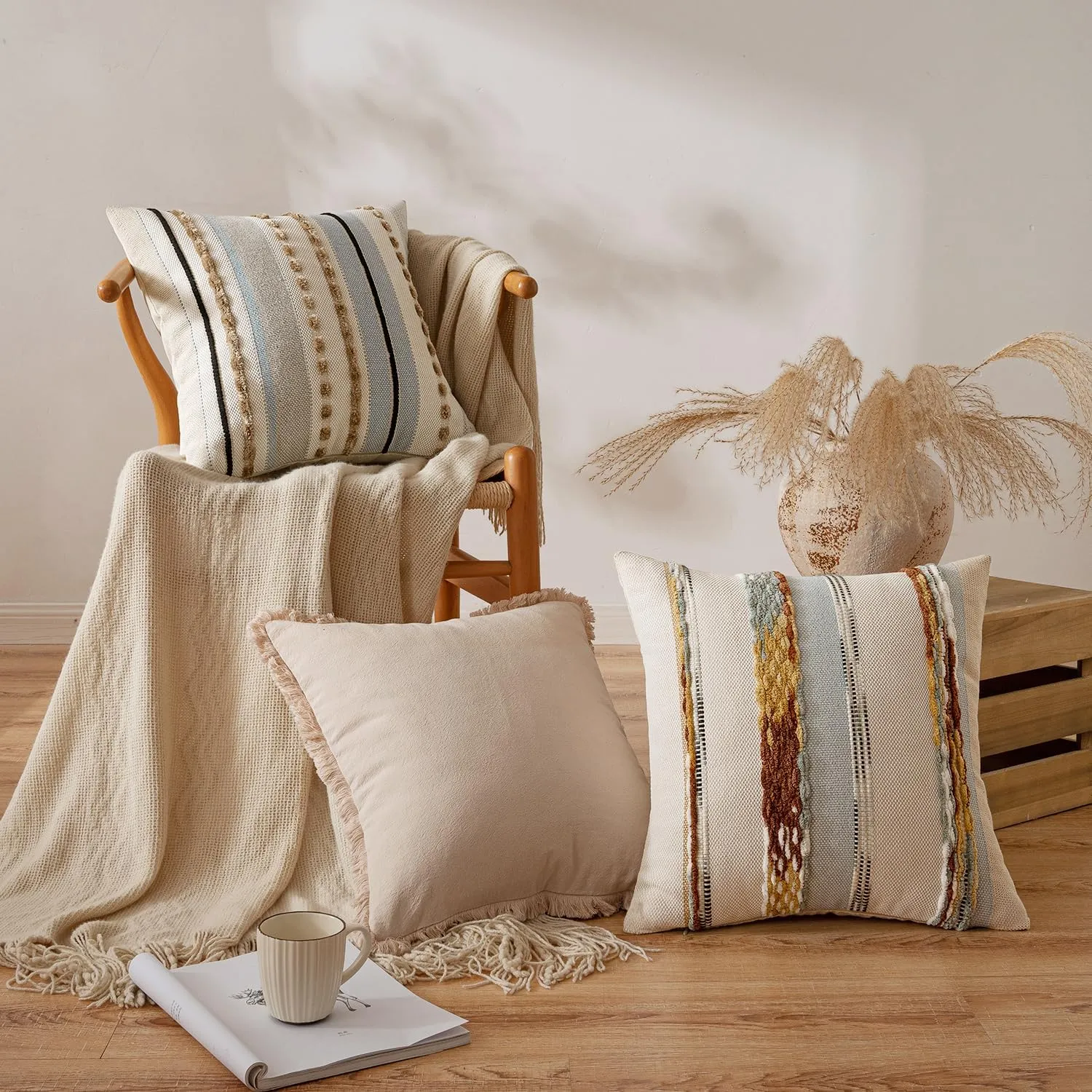 ANRODUO Pack of 2 Boho Decorative Throw Pillow Covers 18x18 Farmhouse Cushion Case Striped Chenille Pillow Cases Square Pillow Covers Accent Neutral Pillowcase for Sofa Couch Bed, Light Blue Stripe
