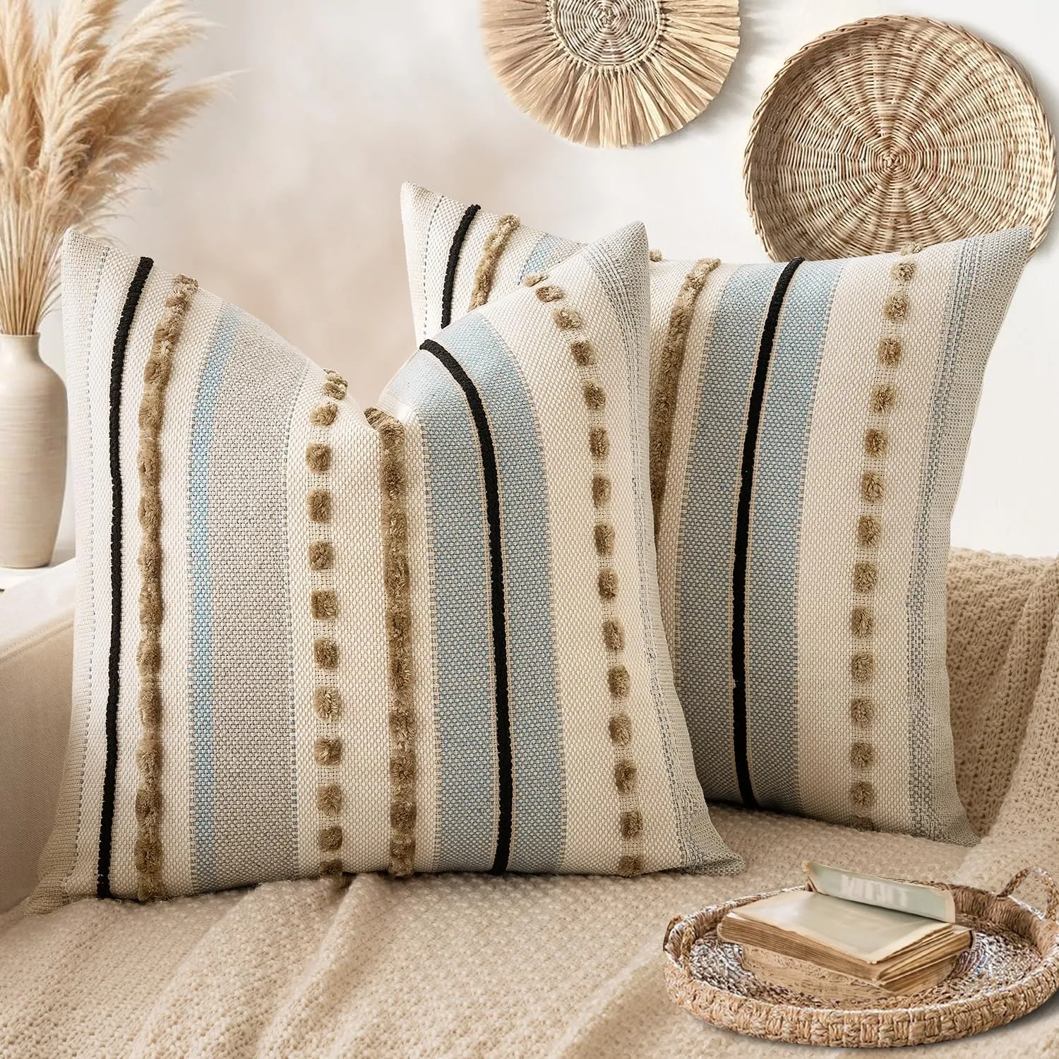 ANRODUO Pack of 2 Boho Decorative Throw Pillow Covers 18x18 Farmhouse Cushion Case Striped Chenille Pillow Cases Square Pillow Covers Accent Neutral Pillowcase for Sofa Couch Bed, Light Blue Stripe