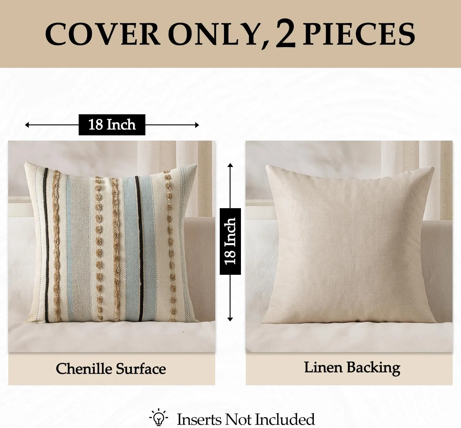 ANRODUO Pack of 2 Boho Decorative Throw Pillow Covers 18x18 Farmhouse Cushion Case Striped Chenille Pillow Cases Square Pillow Covers Accent Neutral Pillowcase for Sofa Couch Bed, Light Blue Stripe