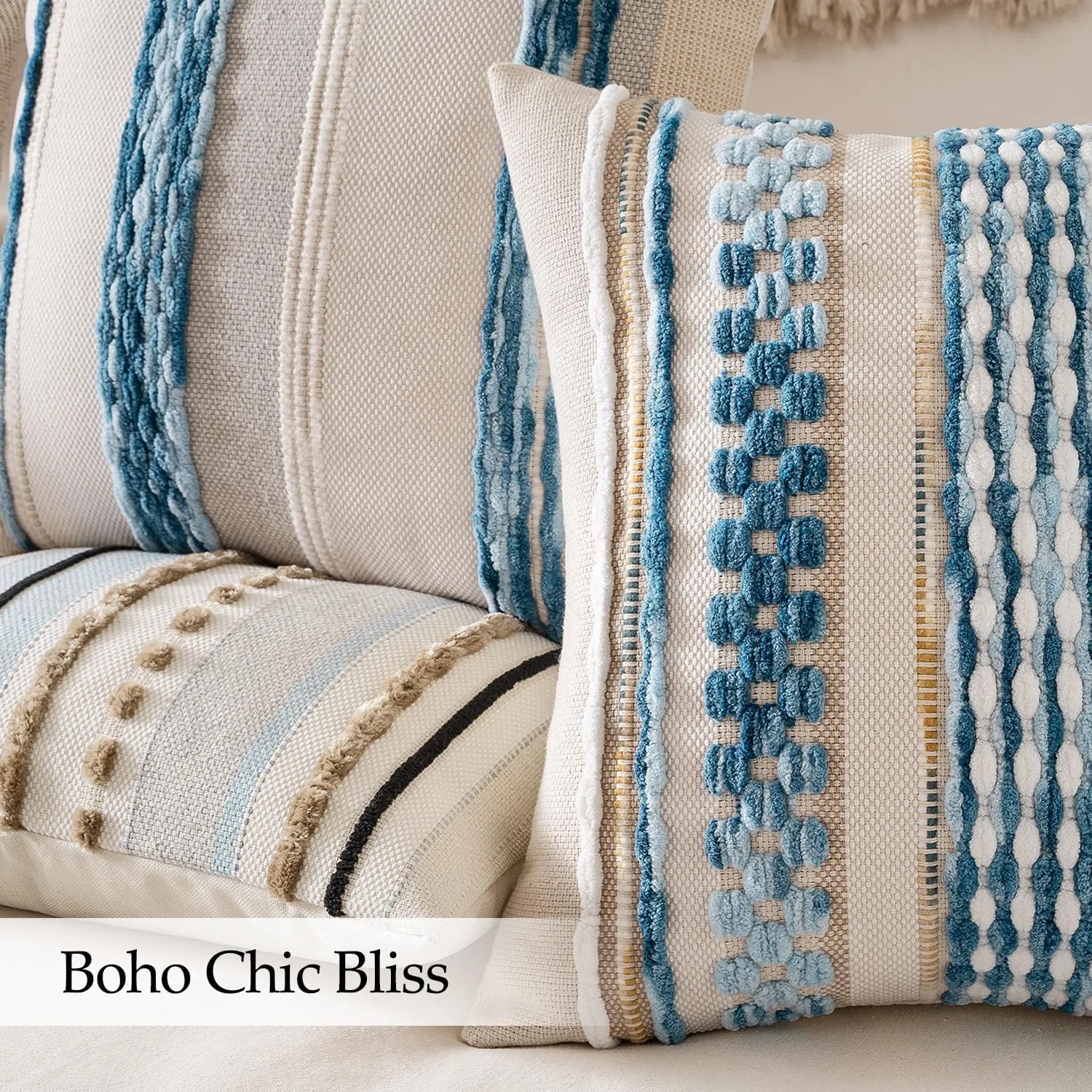 ANRODUO Pack of 2 Boho Decorative Throw Pillow Covers 18x18 Farmhouse Cushion Case Striped Chenille Pillow Cases Square Pillow Covers Accent Neutral Pillowcase for Sofa Couch Bed, Light Blue Stripe