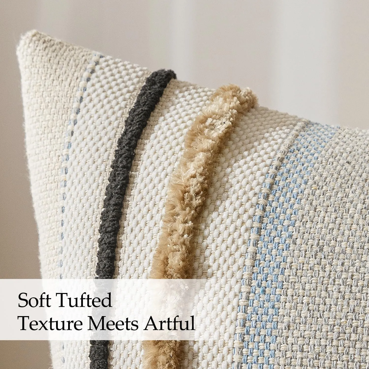 ANRODUO Pack of 2 Boho Decorative Throw Pillow Covers 18x18 Farmhouse Cushion Case Striped Chenille Pillow Cases Square Pillow Covers Accent Neutral Pillowcase for Sofa Couch Bed, Light Blue Stripe