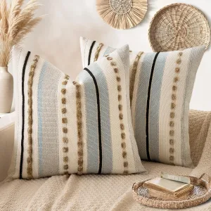 ANRODUO Pack of 2 Boho Decorative Throw Pillow Covers 18x18 Farmhouse Cushion Case Striped Chenille Pillow Cases Square Pillow Covers Accent Neutral Pillowcase for Sofa Couch Bed, Light Blue Stripe