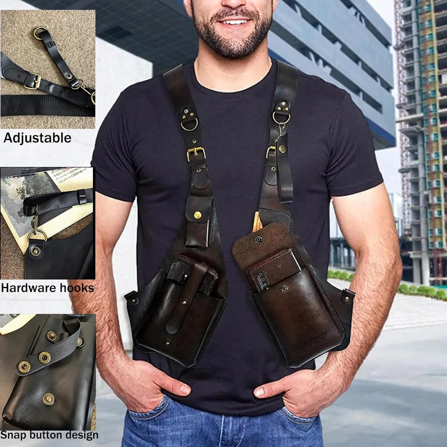 Anti-Theft Bag with Shoulder Harness, Retro Leather Adjustable Underarm Double Shoulder Bag for Men Hidden Anti-Theft Wallet