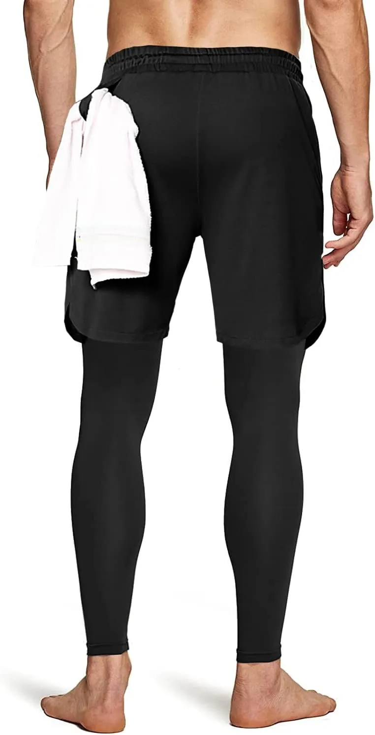 Aolesy Men's 2 in 1 Running Compression Pants, Black, High Rise, Athletic Tapered