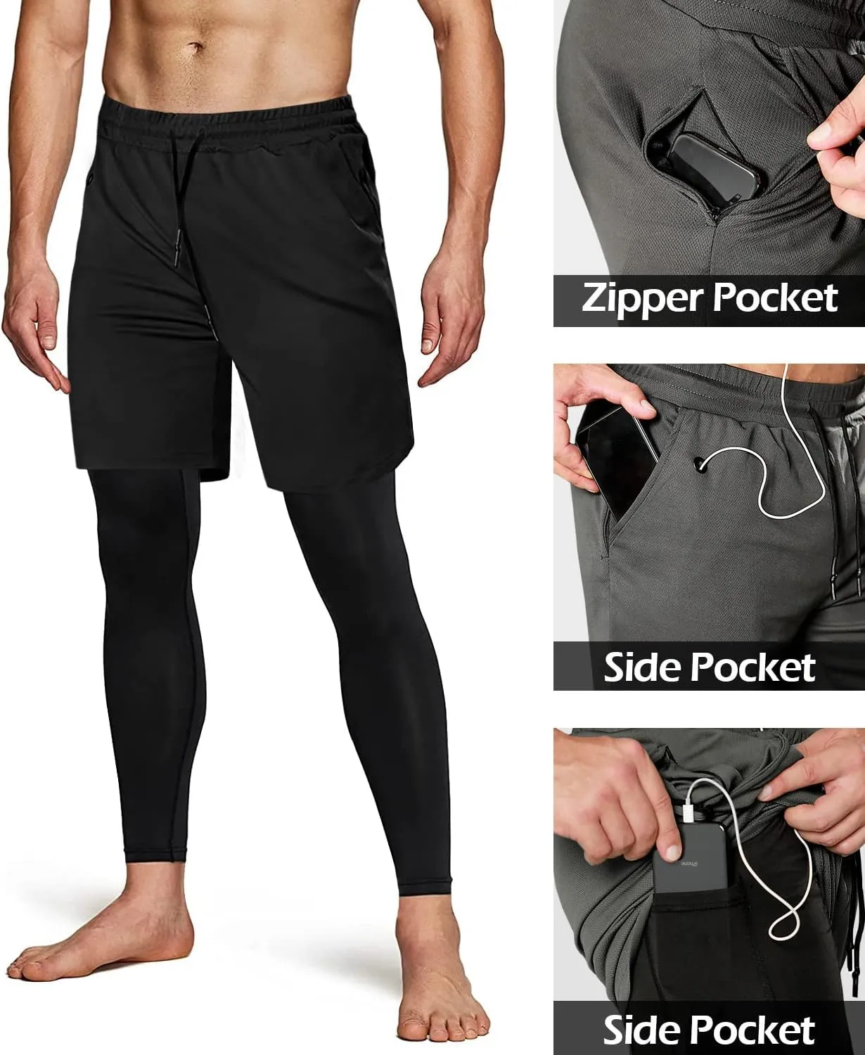 Aolesy Men's 2 in 1 Running Compression Pants, Black, High Rise, Athletic Tapered