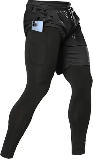 Aolesy Men's 2 in 1 Running Compression Pants, Black, High Rise, Athletic Tapered