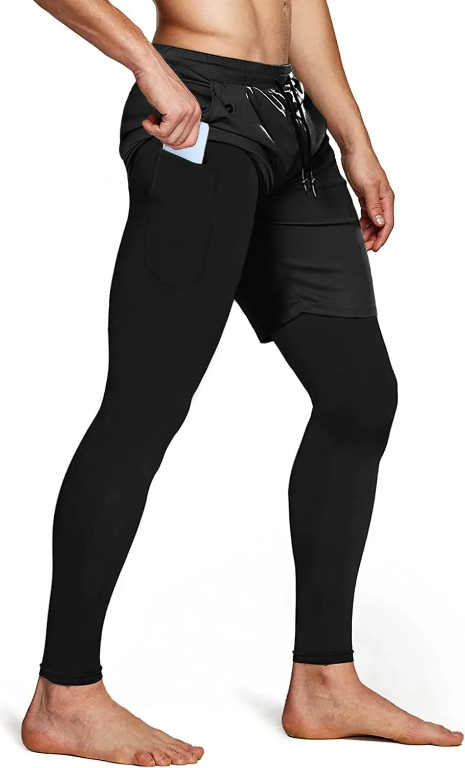 Aolesy Men's 2 in 1 Running Compression Pants, Black, High Rise, Athletic Tapered