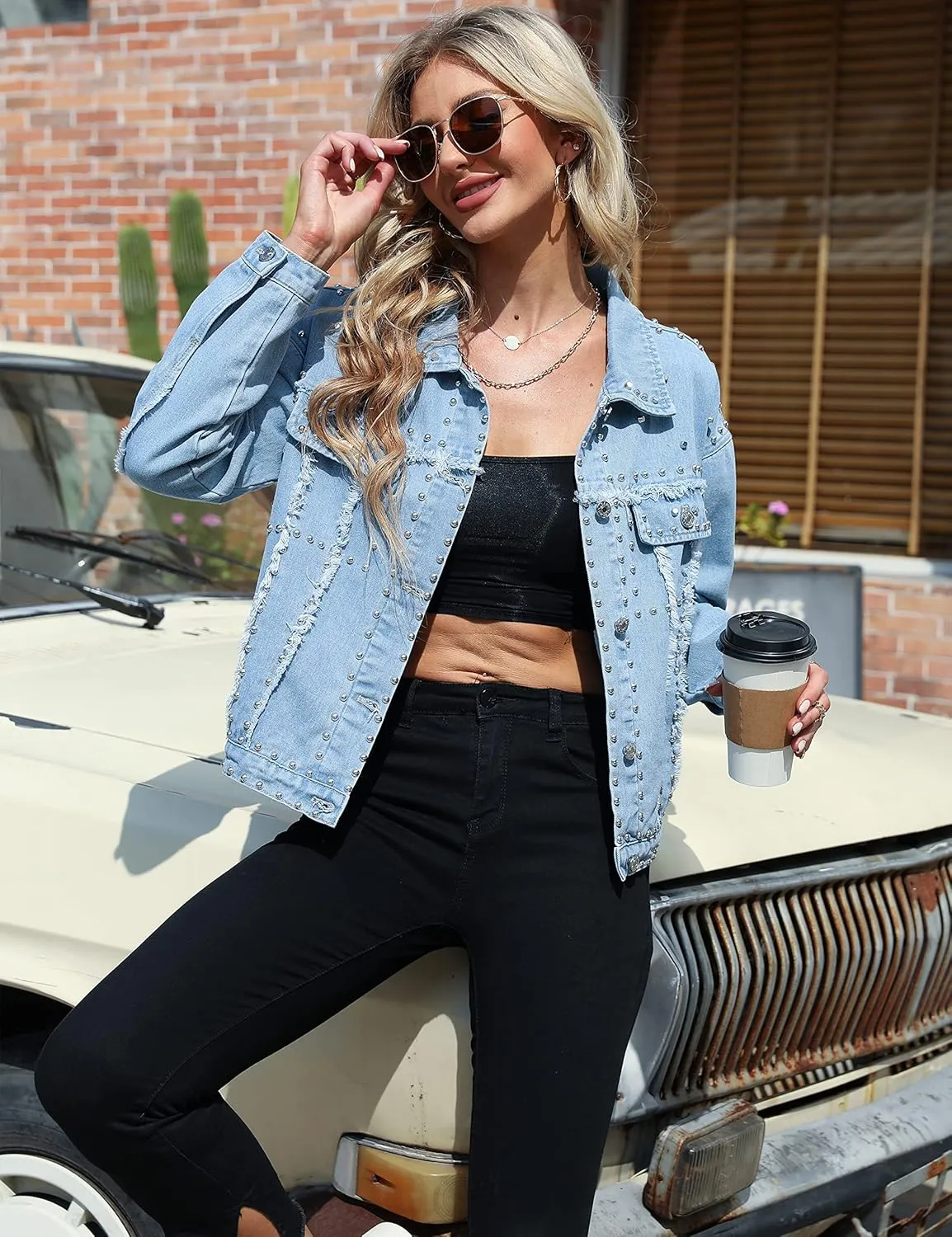 APAFES Women's Fashion Crop Fringe Denim Jacket Distressed Western Studded Black Trucker Jacket