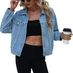 APAFES Women's Fashion Crop Fringe Denim Jacket Distressed Western Studded Black Trucker Jacket