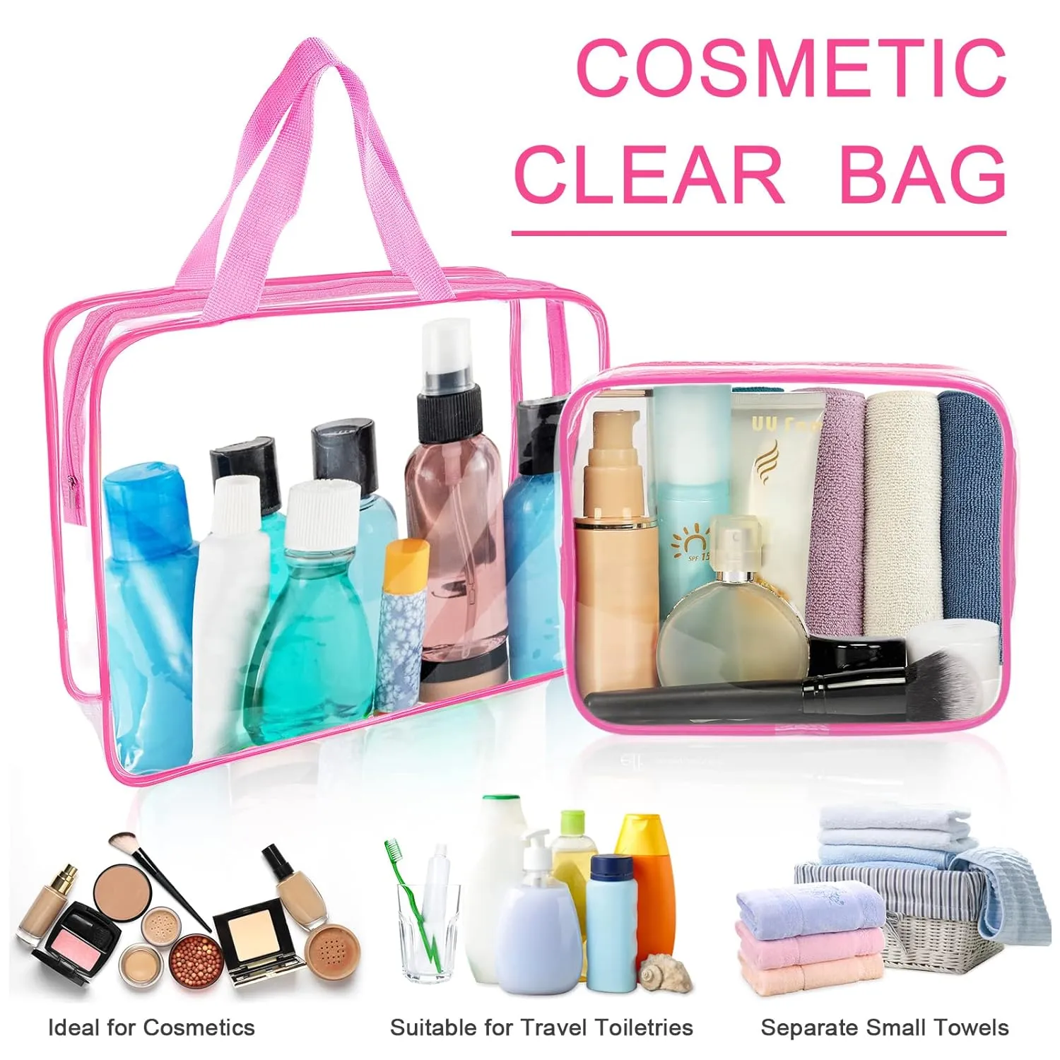 APREUTY Clear Makeup Bags, TSA Approved 6 Pcs Cosmetic Makeup Bags Set Clear PVC with Zipper Handle Portable Travel Luggage Pouch Airport Airline Vacation Organization (Rose Red)