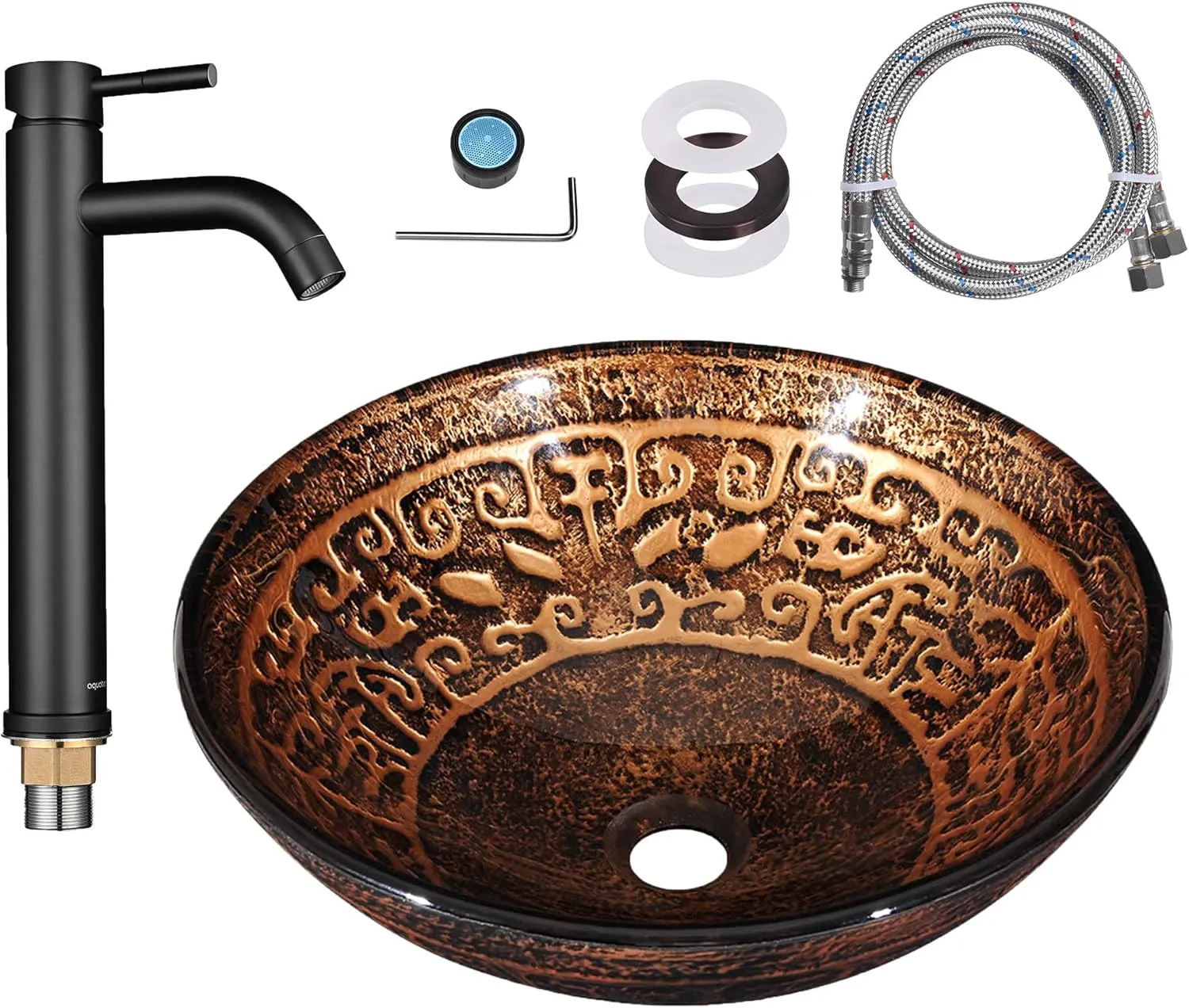 Aquaterior Tempered Glass Vessel Sink Antique Totem w/ORB Faucet Mounting Ring