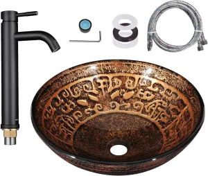 Aquaterior Tempered Glass Vessel Sink Antique Totem w/ORB Faucet Mounting Ring
