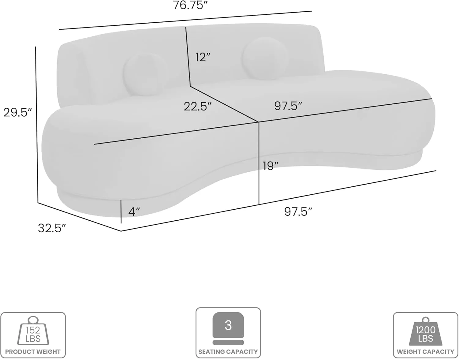 Armen living Oakland 97.5 in. 3-Seater Sofa in Ivory Fabric with Oval Seat