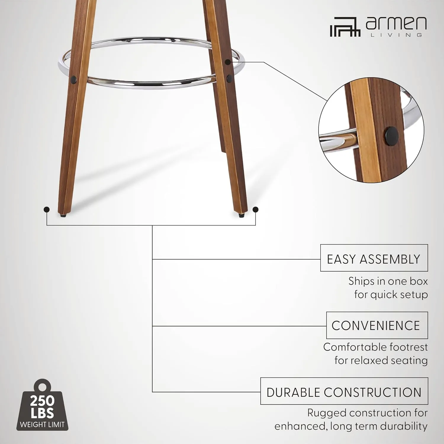 Armen Living Sonia Mid Century Modern Swivel Bar Stool for Kitchen Island Counter in Gray Faux Leather and Walnut Wood, 26" Seat Height
