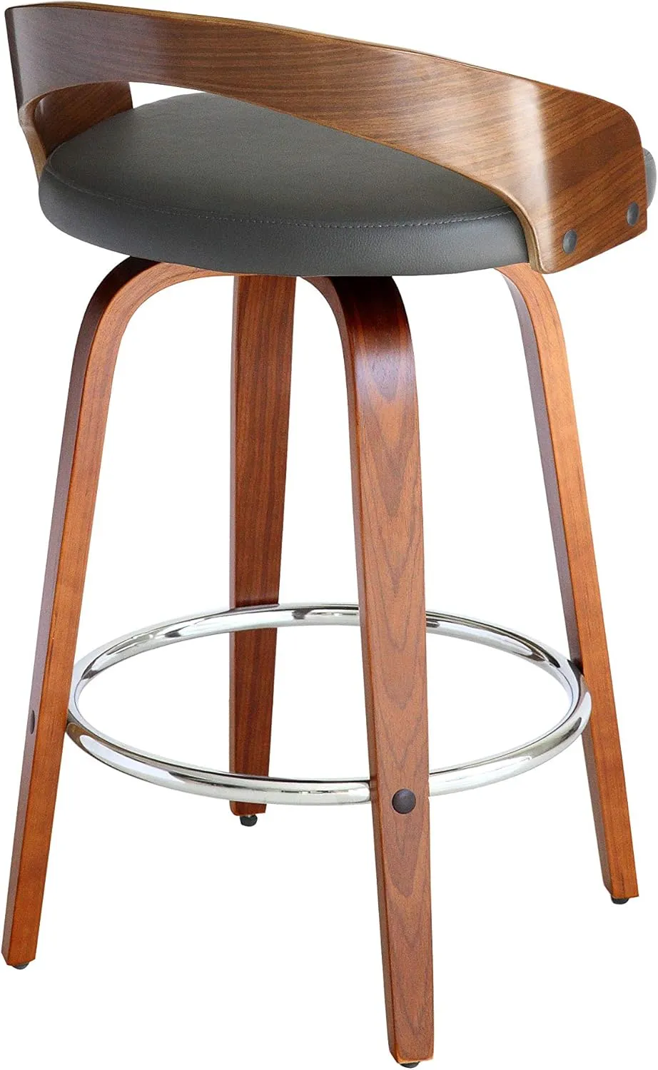 Armen Living Sonia Mid Century Modern Swivel Bar Stool for Kitchen Island Counter in Gray Faux Leather and Walnut Wood, 26" Seat Height