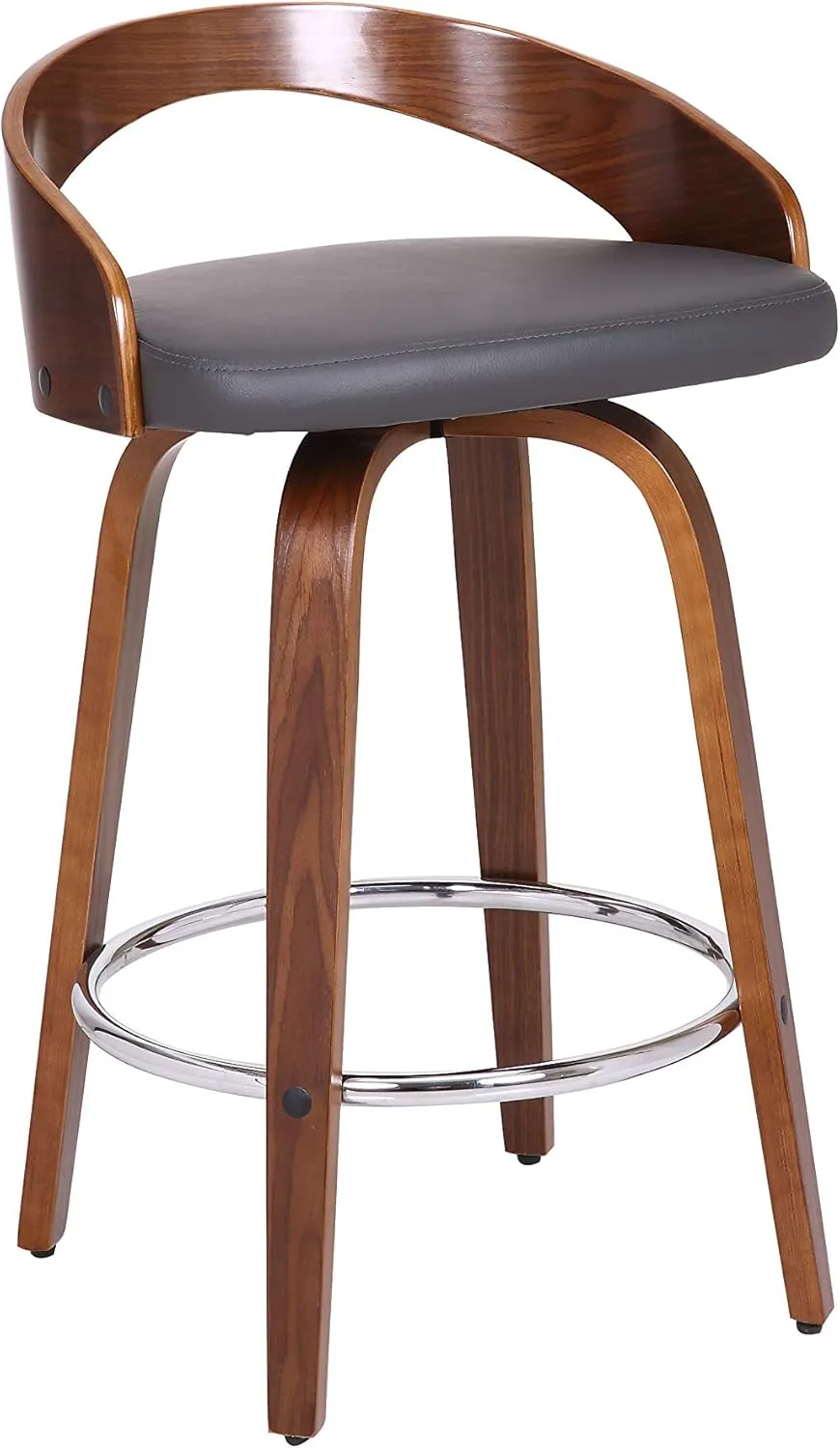 Armen Living Sonia Mid Century Modern Swivel Bar Stool for Kitchen Island Counter in Gray Faux Leather and Walnut Wood, 26" Seat Height
