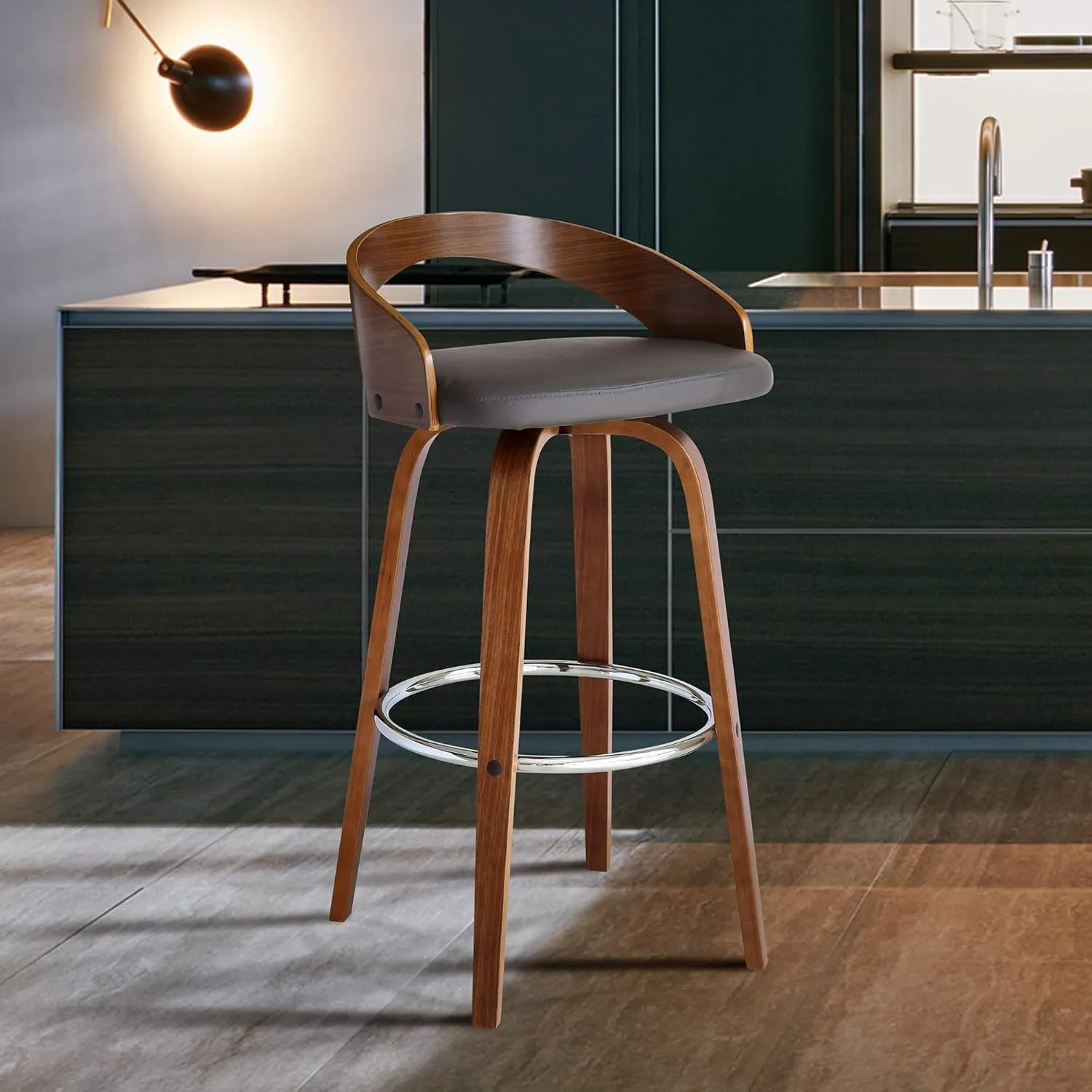 Armen Living Sonia Mid Century Modern Swivel Bar Stool for Kitchen Island Counter in Gray Faux Leather and Walnut Wood, 26" Seat Height