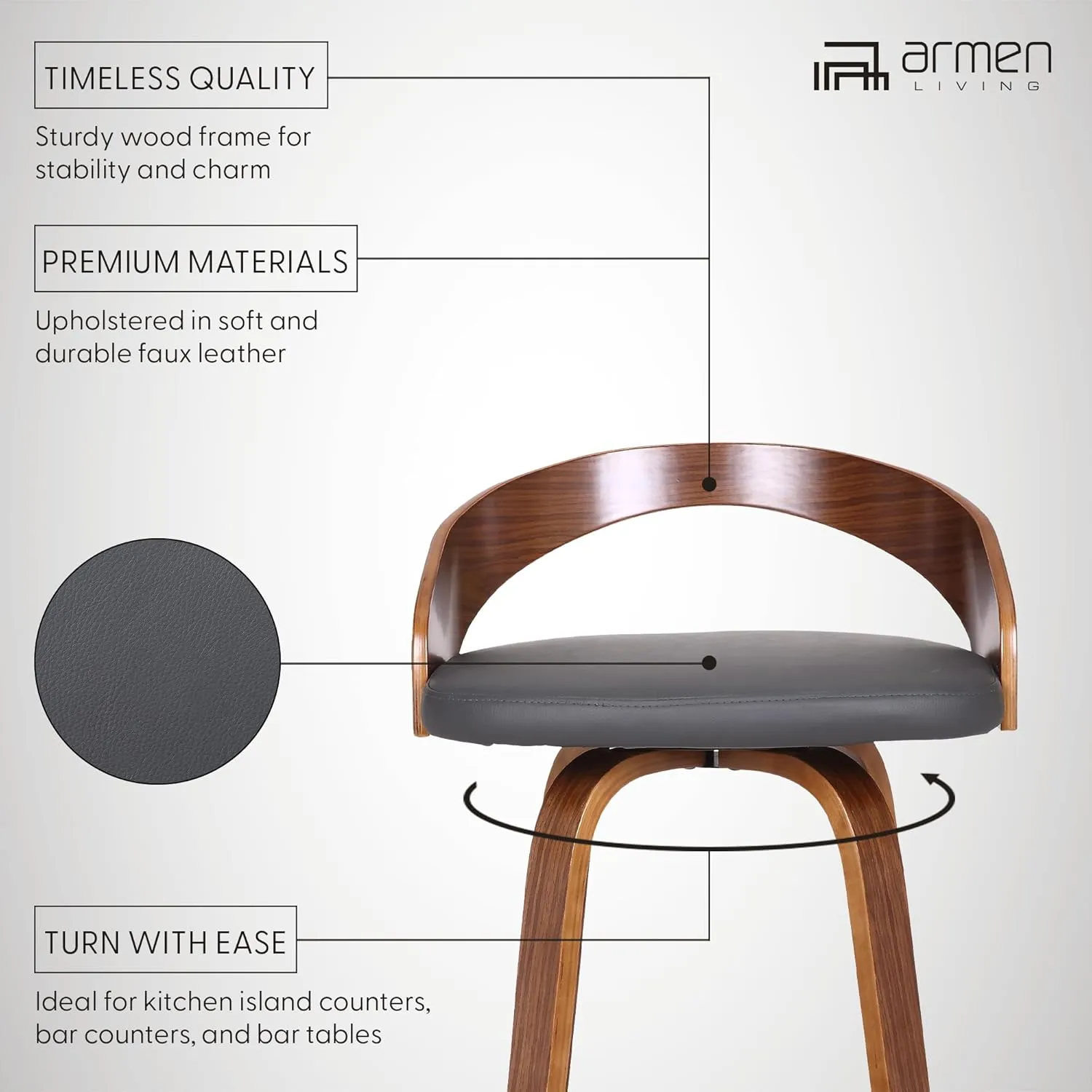 Armen Living Sonia Mid Century Modern Swivel Bar Stool for Kitchen Island Counter in Gray Faux Leather and Walnut Wood, 26" Seat Height