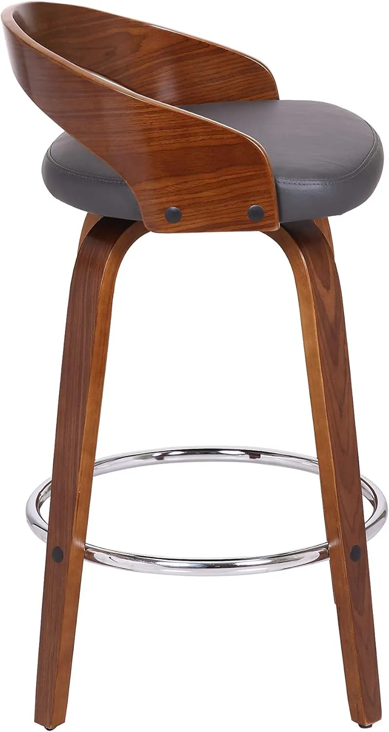 Armen Living Sonia Mid Century Modern Swivel Bar Stool for Kitchen Island Counter in Gray Faux Leather and Walnut Wood, 26" Seat Height