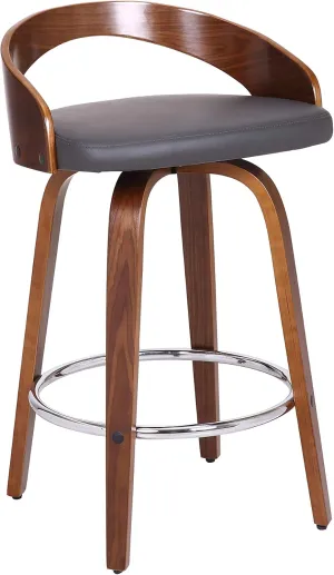 Armen Living Sonia Mid Century Modern Swivel Bar Stool for Kitchen Island Counter in Gray Faux Leather and Walnut Wood, 26" Seat Height
