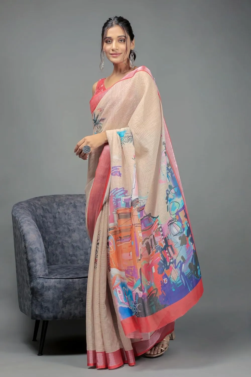Art Face Prints Handloom Linen Cotton Ready To Wear Saree